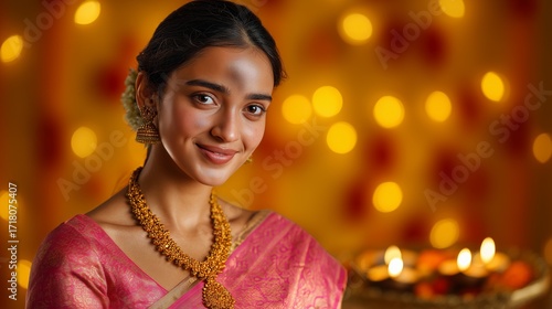 Young woman wears traditional attire with jewelry during a festive celebration at night with glowing lights in the background