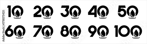 Set of collection numbers 10 to 100 with Water Drop element vector illustration. Water Drop element with numbers 10, 20, 30, 40, 50, 60, 70, 80, 90, 100 for greetings, anniversary and more.
