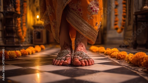Celebrating tradition with beautiful henna designs and vibrant marigold flowers during a festival ceremony in a sacred space