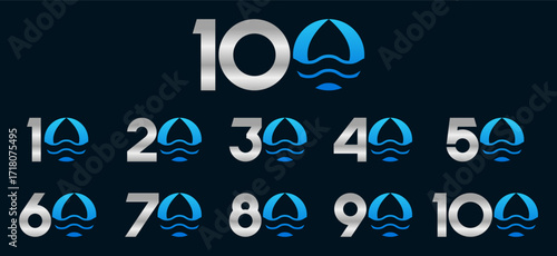 Set of collection numbers 10 to 100 with Water Drop element vector illustration. Water Drop element with numbers 10, 20, 30, 40, 50, 60, 70, 80, 90, 100 for greetings, anniversary and more.