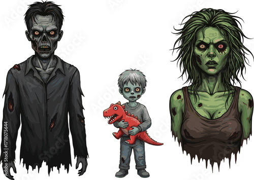 PrintCartoon zombie family characters vector illustration with scary undead man, creepy child holding toy dinosaur, and green-haired female monster design