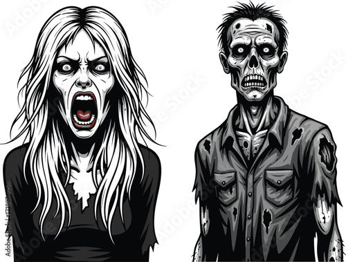 PrintCartoon zombie illustration, undead characters, scary monster artwork, creepy horror design, spooky Halloween vector, dark fantasy theme, bloody apocalypse, haunted nightmare, evil creature