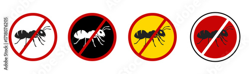 No ant. Ant vector icon, insect repellent spray sign, bite forbidden red cross circle, insects danger and control warning symbol with ant silhouette. Pest Control
