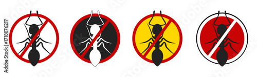 No ant. Ant vector icon, insect repellent spray sign, bite forbidden red cross circle, insects danger and control warning symbol with ant silhouette. Pest Control