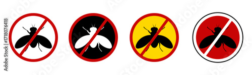 No fly. Fly vector icon, insect repellent spray sign, bite forbidden red cross circle, insects danger and control warning symbol with fly silhouette. Pest Control.