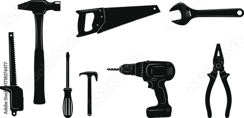 Black and white silhouettes of hand tools including hammer, saw, screwdriver, wrench, drill, pliers, and hacksaw illustration