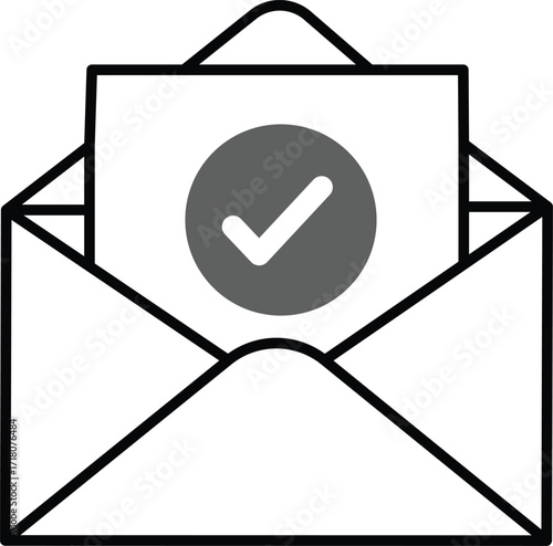Open envelope with a document and a gray checkmark on a white background letter mail