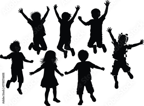PrintChildren silhouette illustration, happy kids jumping, group of children playing, childhood fun design, joyful boys and girls artwork, family concept vector