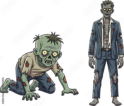 PrintCreepy cartoon zombie characters illustration, scary undead crawling monster and spooky walking dead man, horror halloween artwork, evil ghoul fantasy vector