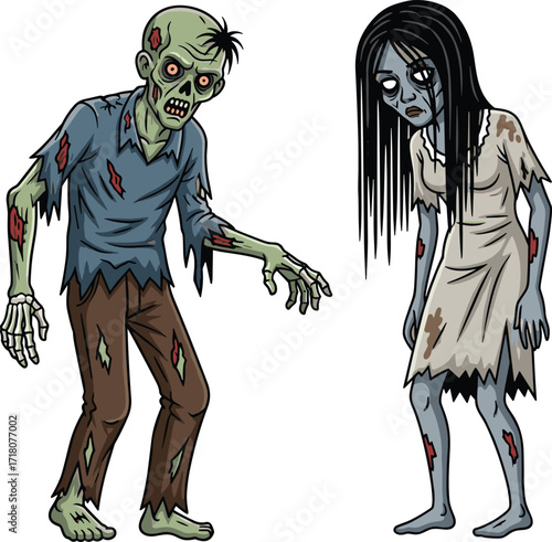 PrintCreepy cartoon zombie couple illustration with scary undead man and haunted woman in tattered clothes, horror character vector for Halloween design.