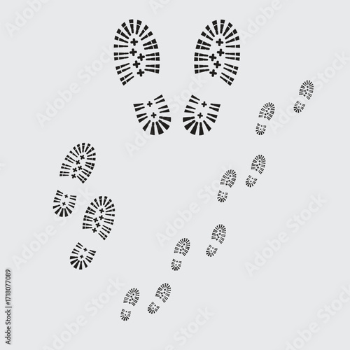 Black boot footprint trail isolated on white background. Perfect for crime scene design, hiking icons, outdoor adventure, pattern, or security and detective themed projects
