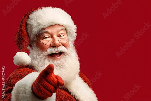 Santa Claus Pointing on Red Background with space for text