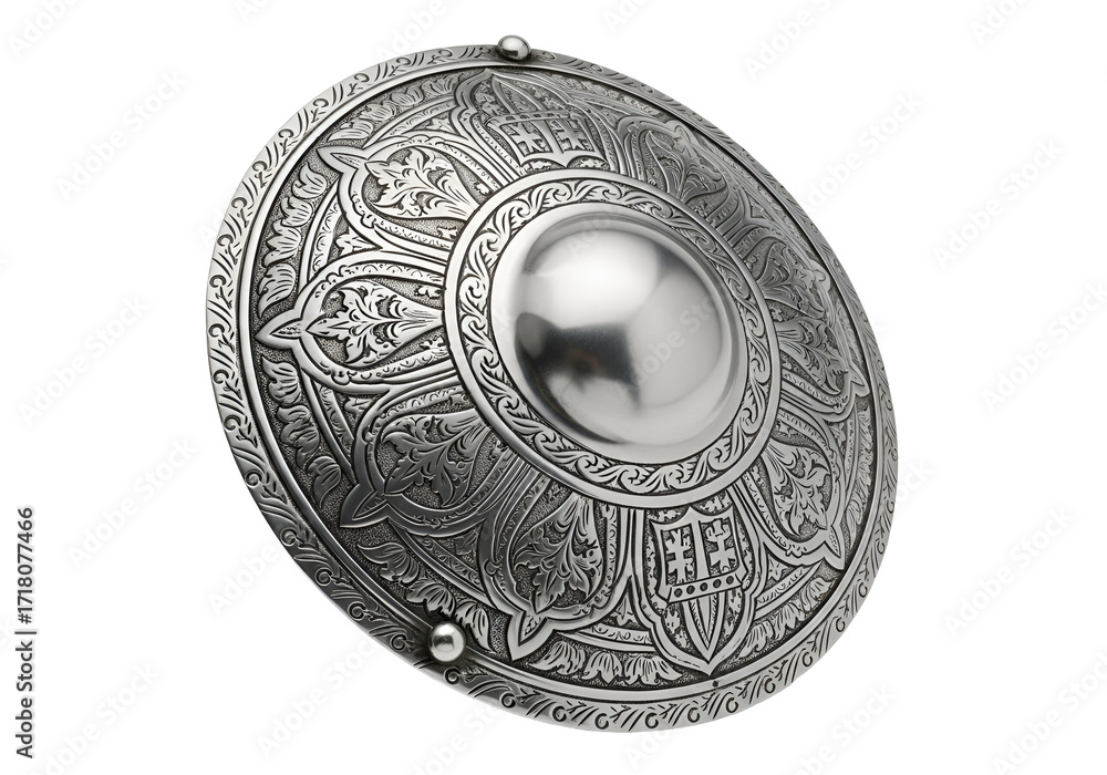 Fototapeta premium Ornate, detailed, round shield with intricate, engraved floral and symbolic designs.