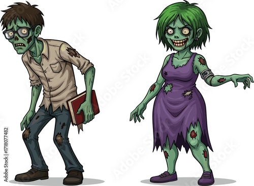 PrintCreepy zombie couple illustration, scary undead man with book, spooky green female monster, horror cartoon artwork, halloween design, fantasy walking dead character