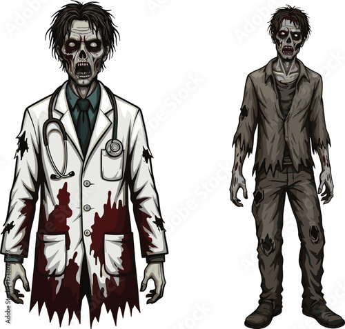 PrintCreepy zombie doctor illustration, scary undead character artwork, horror apocalypse monster design, spooky walking dead cartoon figure, bloodstained medical ghoul, Halloween creature