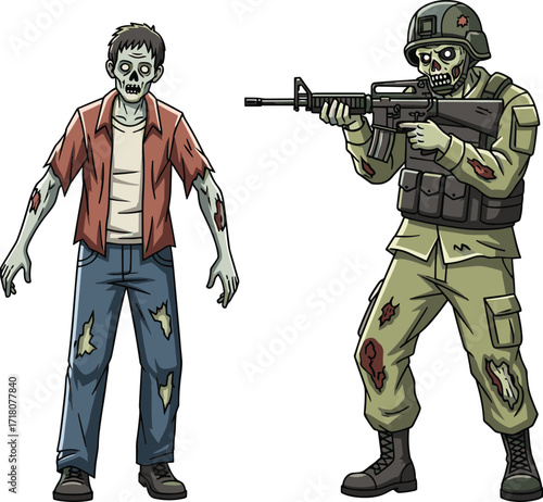PrintCreepy zombie soldier illustration, scary undead military monster, horror apocalypse ghoul artwork, spooky walking dead cartoon figure, armed weapon Halloween creature