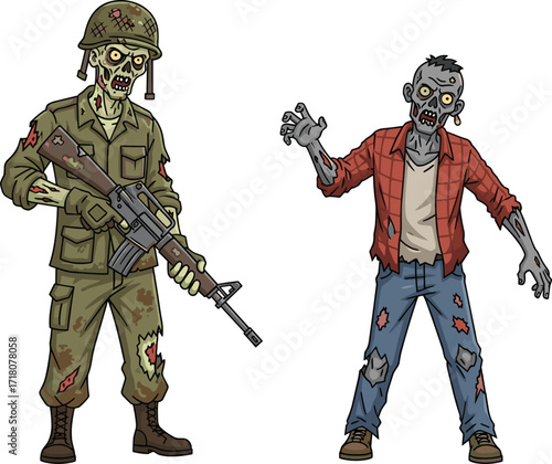 PrintCreepy zombie soldier illustration, scary undead military monster, horror apocalypse ghoul design, spooky walking dead cartoon figure, armed weapon Halloween creature
