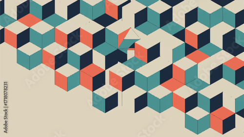 Vector art of abstract geometric pattern of isometric cubes in teal, coral, and navy