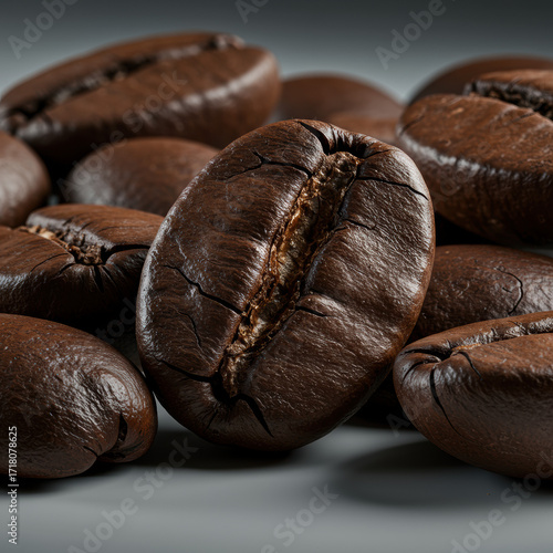 Deeply dark roasted coffee beans, some oily, some with fissures, arranged dynamically on a transparent studio background with soft shadow, extreme macro photography, harsh rim lighting, concept for