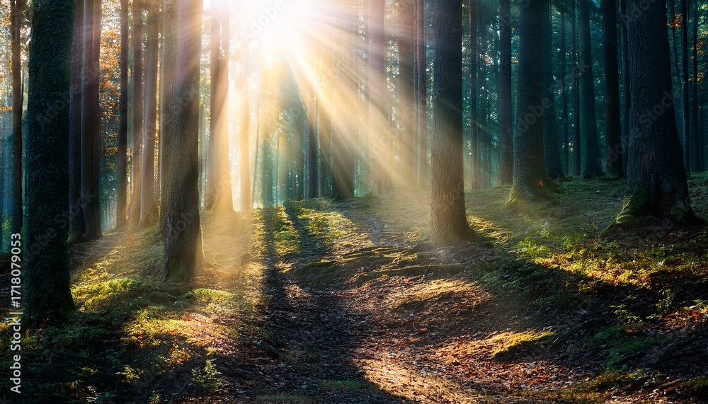 Naklejka premium Ethereal Glowing Particles Swirl In Sunbeams Piercing A Dark Forest