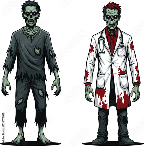 PrintScary zombie doctor illustration with bloody lab coat, creepy undead monster design, horror character artwork for Halloween, apocalypse, and dark fantasy