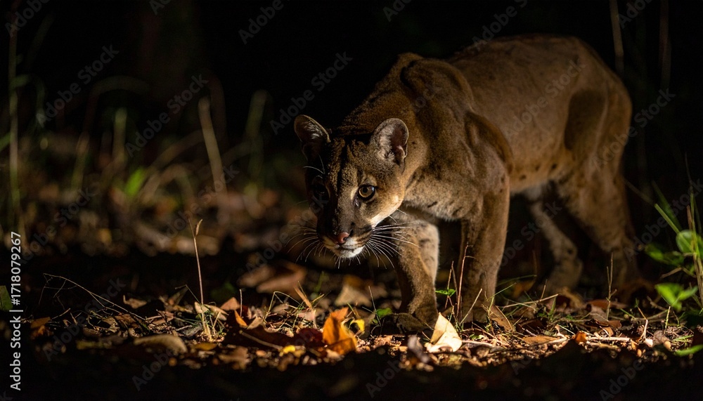 Fototapeta premium Fossa Prowling Across Forest Floor in Night Spotlight