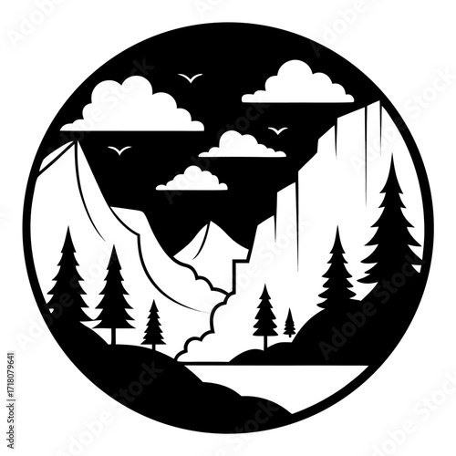 Dramatic clouds majestic mountains towering cliffs dense pine forest landscape black and white vector on white background.