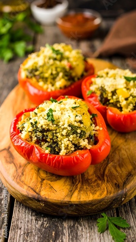 Stuffed red peppers on a wooden board