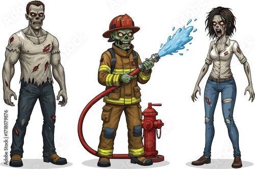 PrintSpooky cartoon zombie couple illustration featuring creepy undead man and terrifying woman in ragged clothes, scary horror character vector design for Halloween.