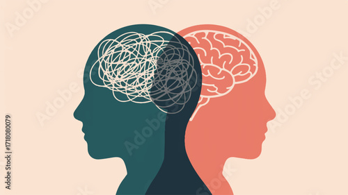 Illustration of two heads showing mental health contrast