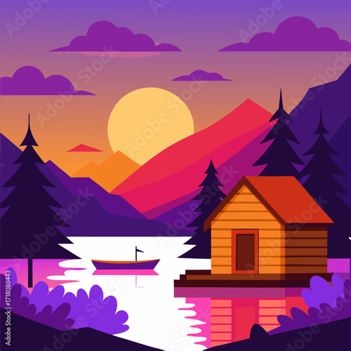 Serene lakeside sunset vibrant orange and purple sky small wooden boat calm reflective water vector landscape background.
