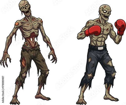 PrintZombie boxer character, scary undead fighter illustration, creepy monster design, horror boxing artwork, spooky cartoon concept, Halloween zombie athlete, apocalyptic fighting creature