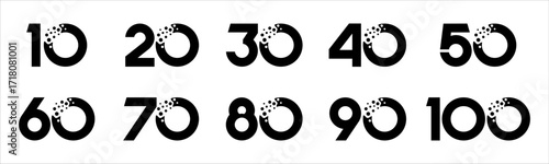 Set of collection numbers 10 to 100 with Water Drop element vector illustration. Water Drop element with numbers 10, 20, 30, 40, 50, 60, 70, 80, 90, 100 for greetings, anniversary and more.