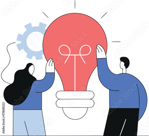 team presenting idea with giant light bulb icon