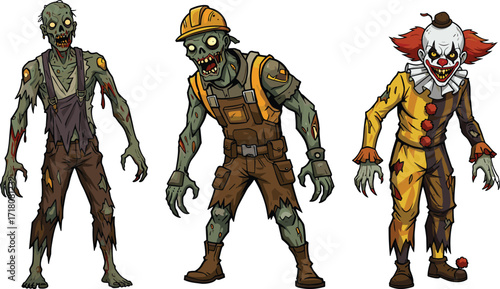 PrintZombie cartoon illustration, scary clown character, undead construction worker, creepy monster artwork, Halloween horror vector, spooky costume design, evil undead graphic