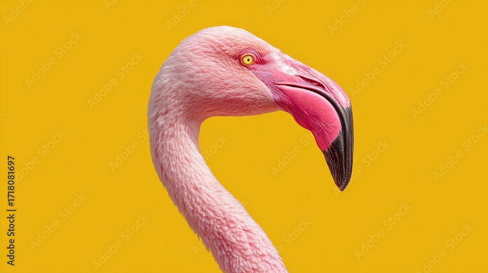 Fototapeta premium Pink flamingo portrait against a sunny yellow backdrop. A captivating close-up showcases its graceful neck and striking beak, a vision of avian beauty.