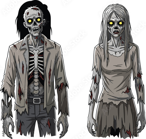PrintZombie illustration, undead characters, horror art, Halloween design, creepy walking dead, scary monster, spooky costume, decayed corpse, eerie fantasy, dark night scene
