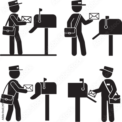 Four silhouette images of a mail carrier delivering mail to a mailbox