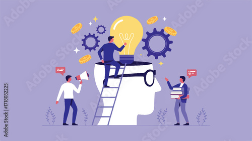 Vector art of teamwork and innovation concept with a giant lightbulb in a head silhouette