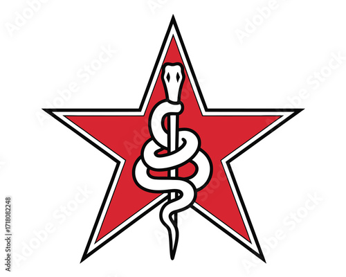 Red Star Medical Symbol A White Snake Coiled Around a Staff