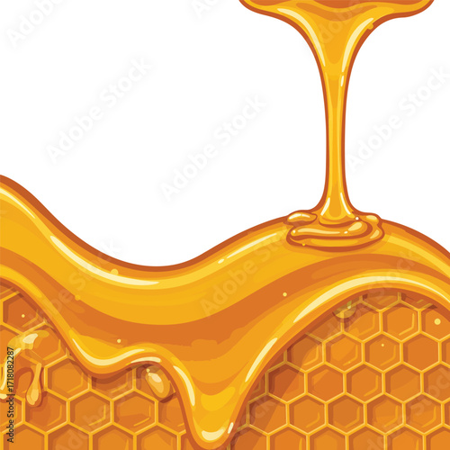 Golden honey flowing over natural honeycomb pattern.