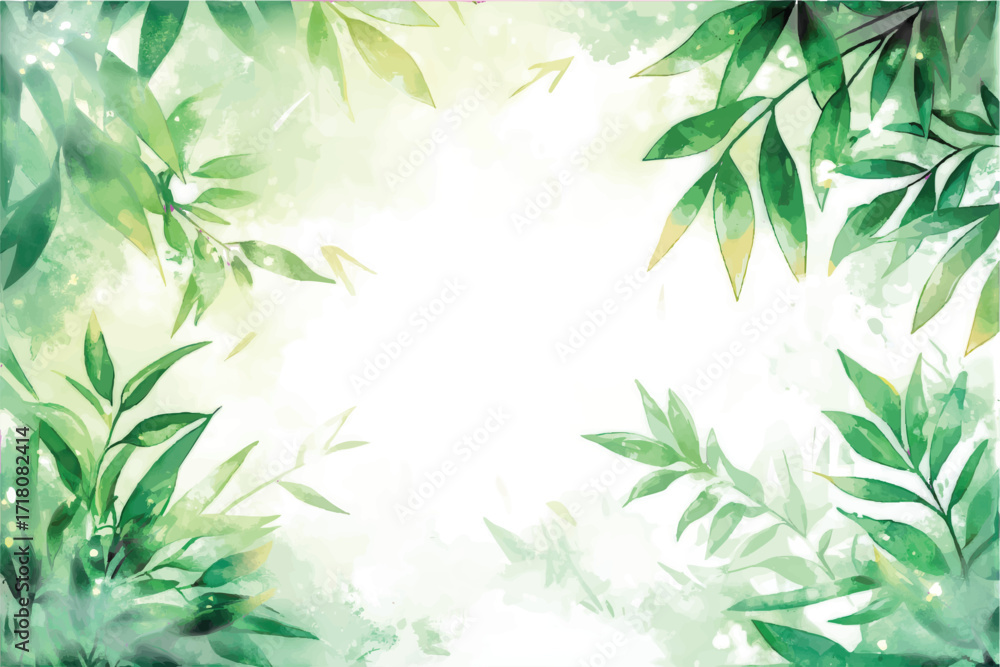 Fototapeta premium Watercolor Green Leaves Border with Soft Bokeh Effect and White Space for Text frame