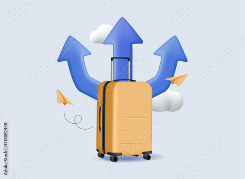 Bag luggage, Travel time vector banner design, Time to travel concept. World travel concept with pointer and handbag. 3d vector illustration
