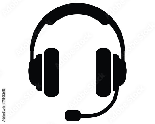 A simple monochromatic illustration depicting a headset with an integrated microphone, symbolizing concepts such as audio communication, customer support, online learning, and remote work connectivity