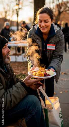 Volunteer sharing food on Thanksgiving Day