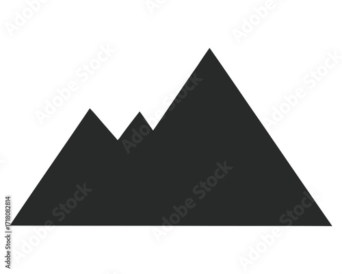 A simple black silhouette icon of a mountain range with three distinct peaks. A flat vector graphic isolated on a white background for design