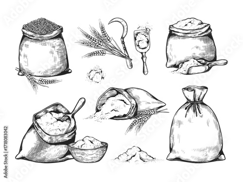 Wheat flour. Sugar sack hand drawing. Corn cereal or engraved line bread mill. Vintage bakery burlap. Baking food. Agriculture harvest. Farming sickle and scoop. Vector sketch elements set