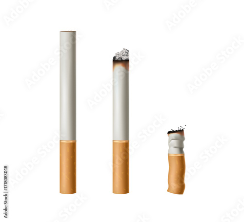 Cigarettes set elements isolated on white background. Stop smoking. National non smoking week. World no tobacco day. Cigarette realistic icons. 3D render Vector illustration