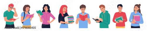 Read book. Young student hold notebooks, kid or adult people on knowledge festival, woman and man friends. Persons team knowledge and education symbols. Vector cartoon isolated illustration