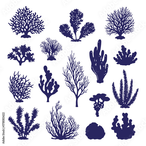 Set of various underwater coral reef plant silhouettes.